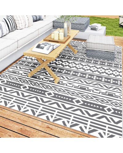  Tappeto da Esterno Reversibile con Motivo Geometrico e Borsa Inclusa, 182x274 cm, Grigio e Bianco