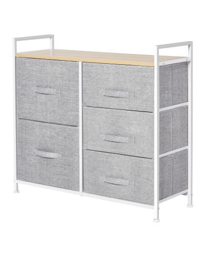 White Metal and Wood Chest of Drawers with 5 Gray Fabric Foldable & Removable Drawers, 83L x 29D x 77H cm