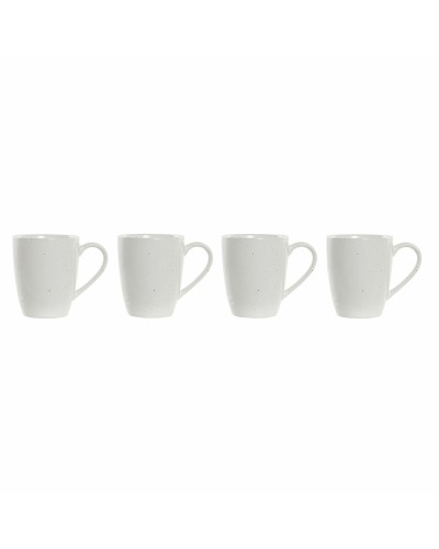 DKD Home Decor Set mit 4 Bechern aus natürlichem, weißem Steingut, 300 ml, mit Halterung aus Gummiholz.
