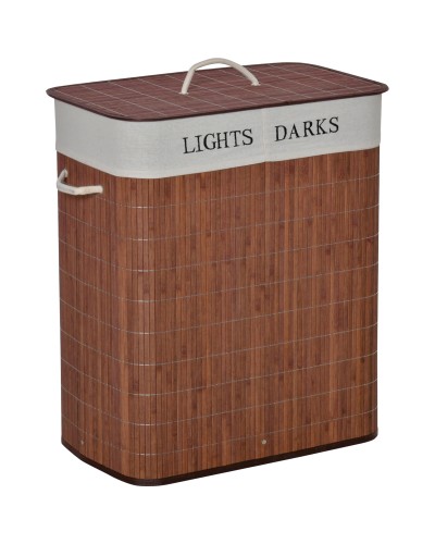 100L Bamboo Laundry Basket with 2 Compartments, Lid and Handles, 52x32x63cm