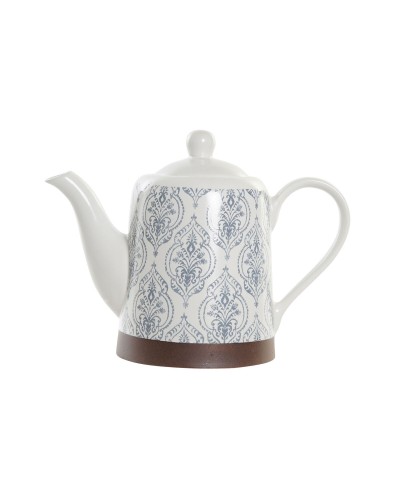 DKD Home Decor Teapot in Stoneware, Blue, White and Brown, in Rubberwood
