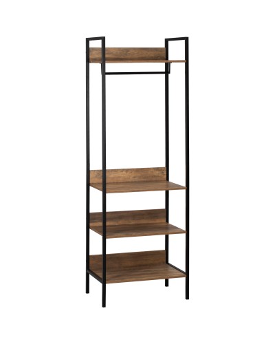 Floor Standing Clothes Rack with 1 Rail and 4 Open Shelves in Chipboard and Steel, 60x40x180 cm, Brown