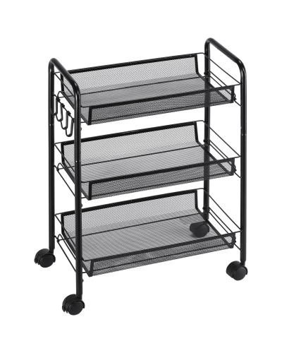  Carrello da Cucina a 3 Livelli con Cesti Removibili e 4 Ruote, in Acciaio e Plastica PP, 41.5Lx26.5x63 cm, Nero