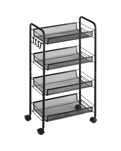 4-Tier Kitchen Cart with Removable Baskets, 4 Hooks & Wheels, Steel & PP Plastic, 45x26.5x84 cm, Black