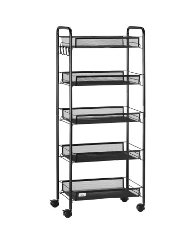5-Tier Space Saving Kitchen Cart with Steel Mesh Baskets, 45x26.5x106cm, Black