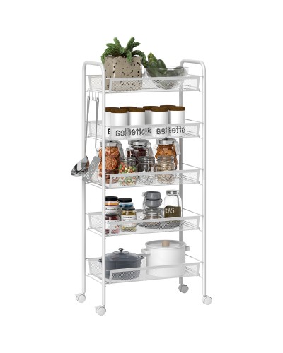 5-Tier Space Saving Kitchen Cart with Steel Mesh Baskets, 45x26.5x106cm, White