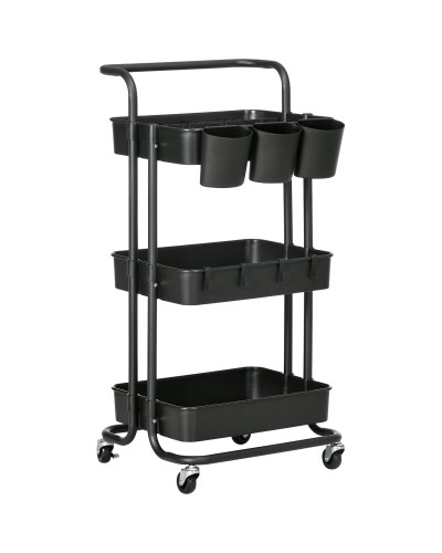 3-Tier Multipurpose Kitchen Cart with Removable Baskets & Hooks, Shelf with 12 Dividers, Black