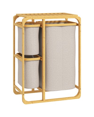 Cestino Portabiancheria in Bambù con 3 Sacchi e Ripiani Estraibili in Tessuto, 50x32x69.7 cm, color Bambù e Crema