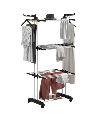 4-Tier Foldable Clothes Drying Rack with Rotating Wings and 4 Wheels, Steel & PP, 73x64x177 cm, Black