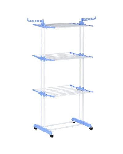  Stendibiancheria Pieghevole a 4 Livelli con Ali Girevoli e 4 Ruote, in Acciaio e PP, 73x64x177 cm, Bianco e Argento