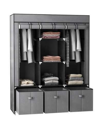  Armadio in Tessuto Pieghevole con Cassetti e Ante Avvolgibili con Zip, 125x43x162.5cm, Grigio Scuro