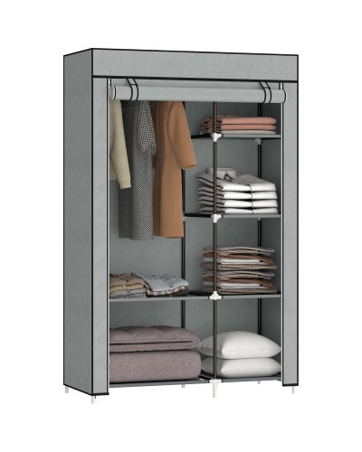 Non-Woven Fabric Portable Wardrobe Closet with 6 Open Shelves and Hanging Rail, 103x43x162.5 cm, Grey