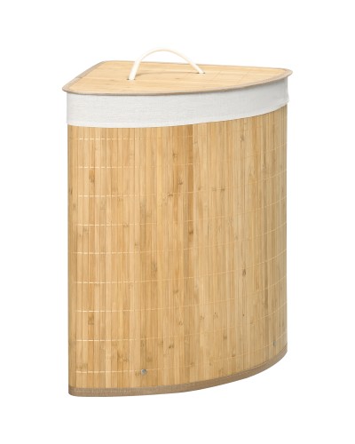  Cesto Portabiancheria con Coperchio Triangolare in Bambù e Tessuto, 38x38x57cm, Colore Legno