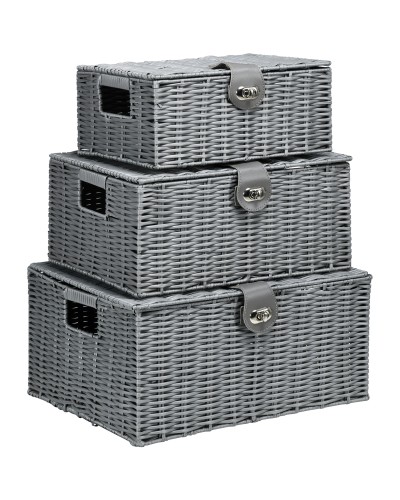  Set di 3 Cesti in Vimini PP con Coperchio di Diverse Dimensioni, Grigio