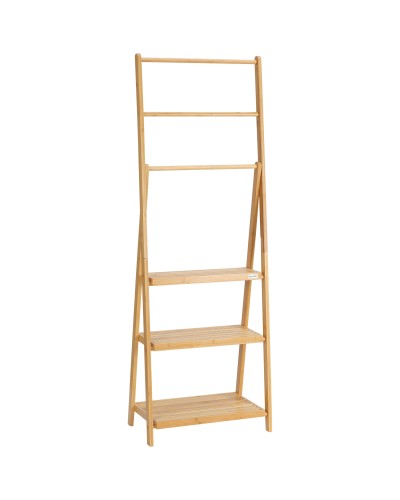  Portasciugamani Bagno Multiuso Pieghevole con 3 Barre e 3 Ripiani, 53x30.5x152 cm, Legno Naturale