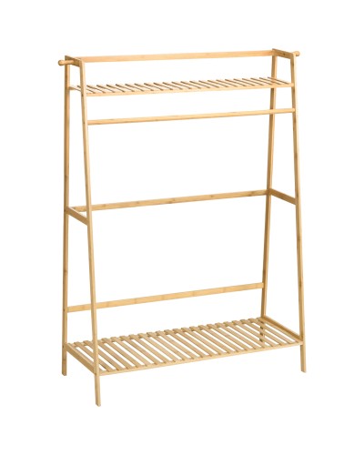  Appendiabiti in Bambù, Design Rialzato a 2 Livelli con Barra e 2 Ganci, 114x40x139 cm