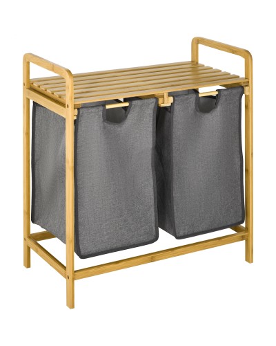  Portabiancheria in Legno di bambù con Doppio cesto Estraibile e Ripiano a Doghe, 63.5x33x73cm Grigio