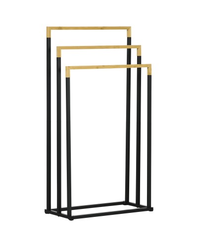  Portasciugamani a 3 Sbarre in Bambù e Acciaio con Design Autoportante, 45x22.5x86 cm