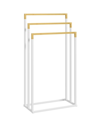  Portasciugamani Autoportante a 3 Sbarre in Bambù e Acciaio, 45x22.5x86 cm, Bianco e Color Legno