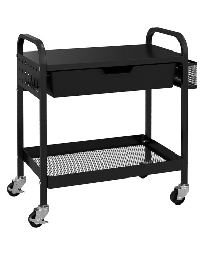  Carrello da Cucina con Cesto, Cassetto Estraibile e 3 Ganci, in PP e Metallo, 61x32.6x58.5 cm, Nero