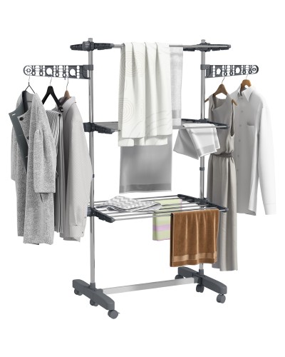  Stendino Verticale con 3 Ripiani Regolabili, in Acciaio e Plastica, 142x55x152 cm, Grigio e Argento