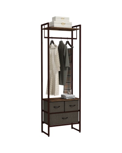 Floor Coat Rack with Hanging Rod, 3 Drawers and Shelves, MDF Wood and Steel, 58.5x30x178 cm, Brown