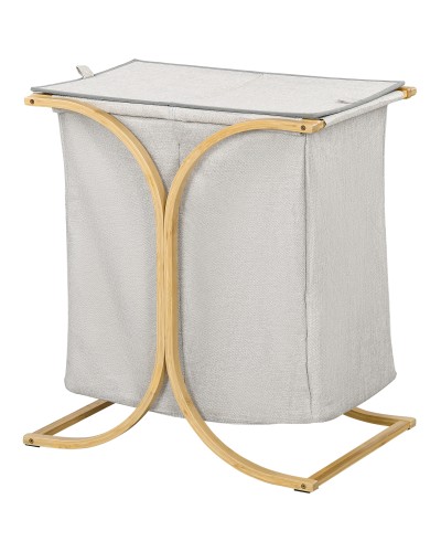  Portabiancheria a 2 Cesti con Coperchio in Bambù e Poliestere, 55x40x62 cm, Grigio e color Legno