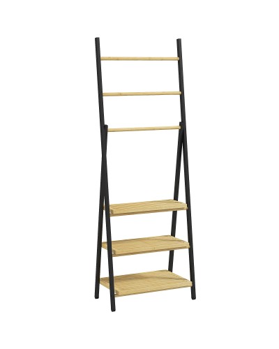 Folding Towel Rack with 3 Bars & 3 Shelves, Bamboo & Steel, 53x31x153 cm, Black & Wood Color