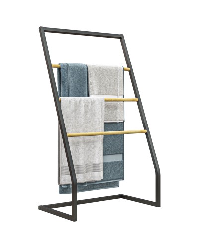  Portasciugamani a 4 Sbarre in Acciaio e Bambù, 60x35x102 cm, Nero e color Legno