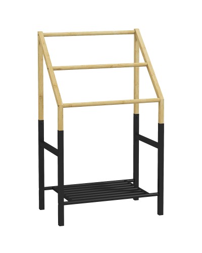 Freestanding Towel Rack with 3 Bars and Bottom Shelf, Bamboo and Steel, 51x31x85.5 cm, Black and Wood Color