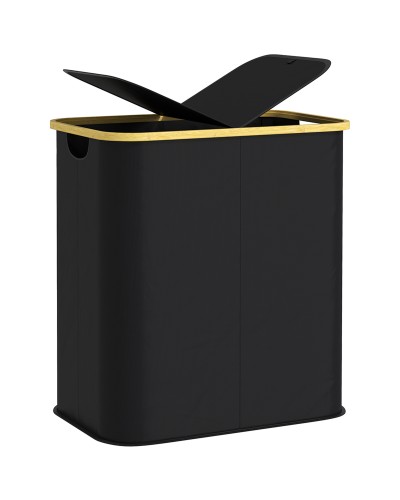 80L 2-Section Laundry Hamper with Lid, Non-Woven Fabric and Bamboo, 54x34x58.5 cm, Black