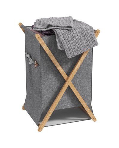  Cesto Portabiancheria Pieghevole 55L in Tessuto e Telaio in Bambù, Legno e Grigio