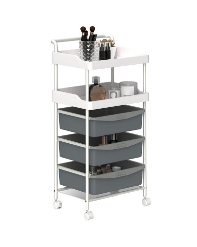  Carrello Portaoggetti con 2 Vassoi Fissi e 3 Vassoi Scorrevoli, in Acciaio e PP, 40x34x85 cm, Bianco e Grigio