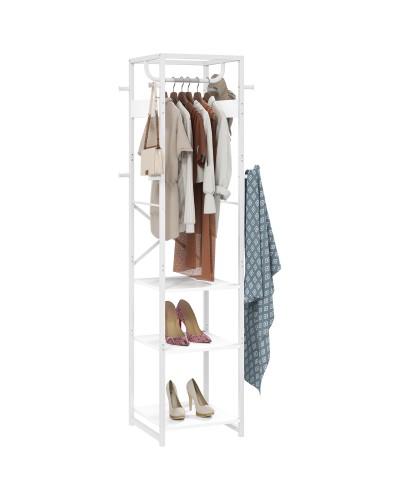 Standing Clothes Rack with Hanging Rail and 2 Open Shelves, Wood and Steel, 38.5x30x170 cm, White and Wood Color