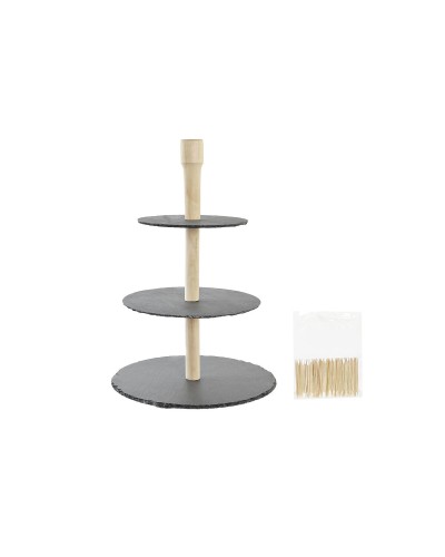 DKD Home Decor Vassoio da aperitivo a 3 piani in bambù con lavagna | 28 x 28 x 39,5 cm