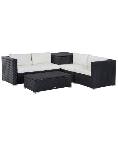 6 Piece Garden Set, 4 Armchairs with Cushions & 2 PE Rattan Storage Tables, Black and Cream