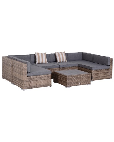  Salotto da Giardino in Rattan da 7 Pezzi con Tavolino e Divano Modulabile con Cuscini, Grigio