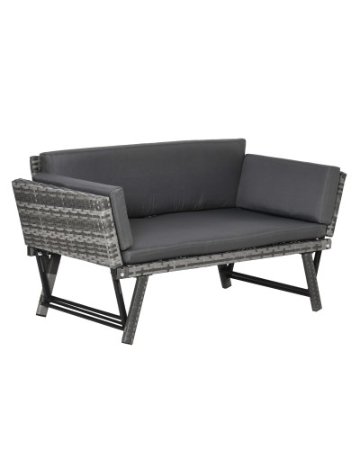 Rattan 2-Seater Garden Sofa with Cushions and Folding Armrests, 129x63x67cm, Grey