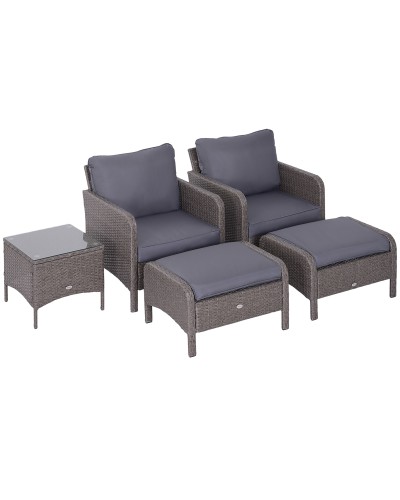 Garden Furniture Set 2 Armchairs 2 Footstools 1 Tempered Glass Table Grey Rattan