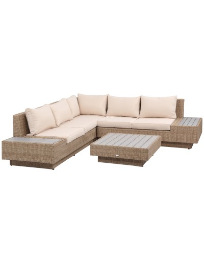  Set da Giardino 4 Pezzi in Rattan, Divano Angolare con Cuscini e Tavolini, Nero e Marrone chiaro