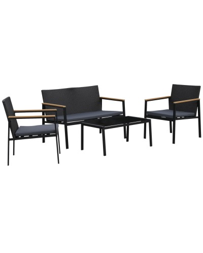  Set 4 Pezzi Salotto da Esterni con 2 Sedie, Divano e Tavolino Mobili da Giardino in Rattan e Acciaio Nero