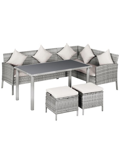 5-Piece Grey Rattan and Steel Garden Set with 2 Sofas, Coffee Table and 2 Stools