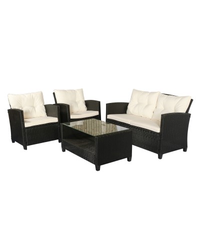  Set Mobili da Giardino 4 Pezzi in Rattan PE e Tavolino, Divano e Poltrone Imbottiti Nero e Beige 124x68x76cm