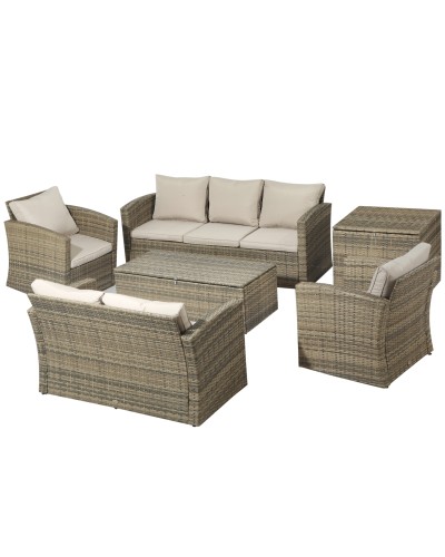  Set da Giardino 6 Pezzi in Rattan con Divani, Poltrone e Tavoli Contenitore, Beige