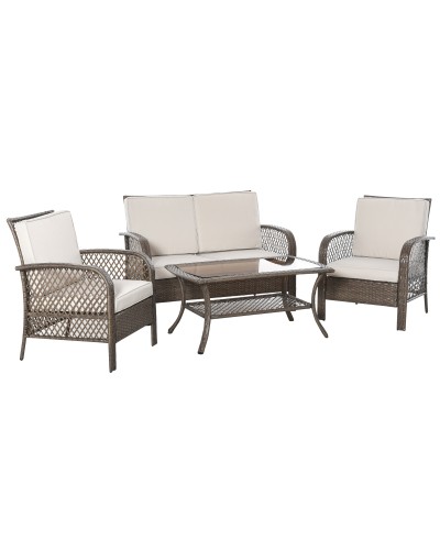 Brown Rattan Garden Furniture Set, 4-Piece Outdoor Table, Chairs and Sofa Set with Khaki Padded Cushions