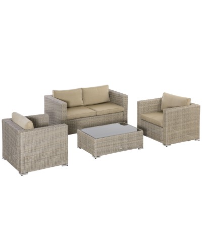 Rattan Outdoor Lounge Set 4 Piece with 1 Sofa, 2 Armchairs and 1 Coffee Table, Khaki and Beige