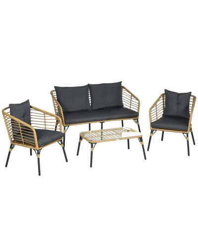 4-Piece PE Rattan and Steel Garden Set with 2 Chairs, Loveseat, and Table, Brown Black and Grey