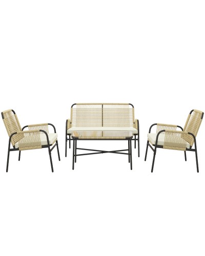 PE Rattan Garden Lounge Set with Sofa and 2 Armchairs with Cushions, Glass Coffee Table, Yellow