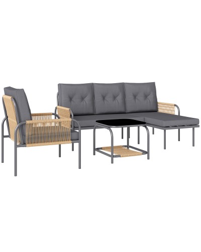  Salotto da Giardino 4 Pezzi in Rattan con Divano, Chaise Longue, Poltrona e Tavolino con Cuscini, Grigio