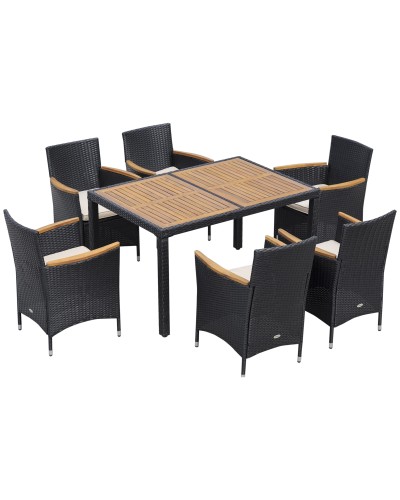  Set Tavolo e Sedie da Giardino 7 Pezzi in PE Rattan e Legno con Cuscini Morbidi, Nero